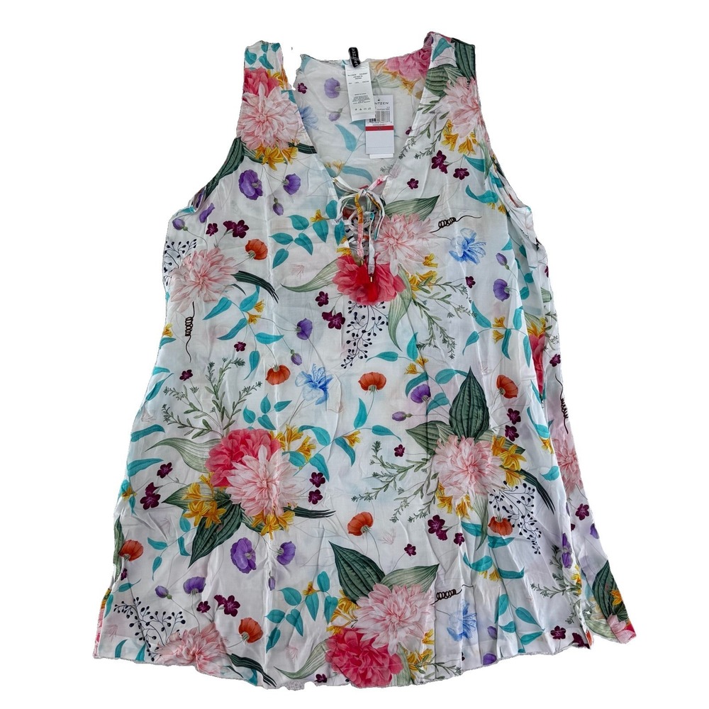 Jantzen Sleeveless Lace Up Woven Cover Up Dress XS‎ Sunrise Garden Floral Print